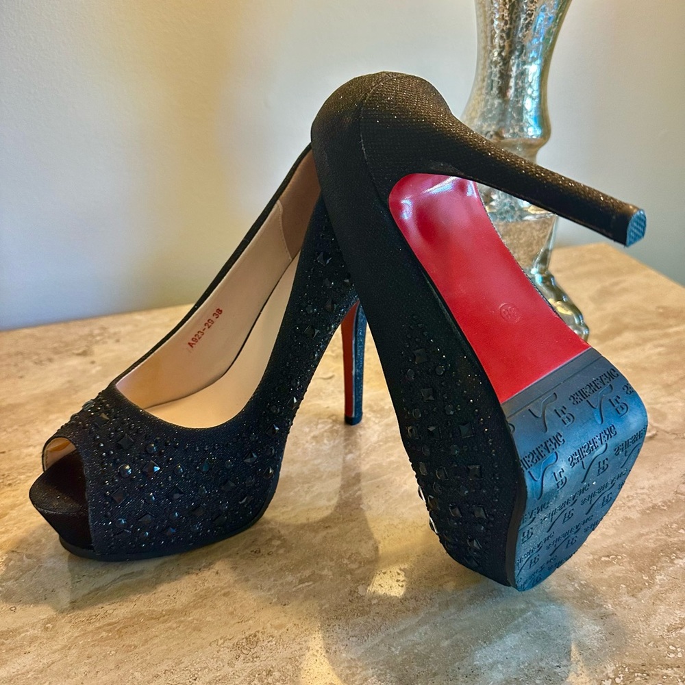 Black Crystal Peep-Toe High Heels